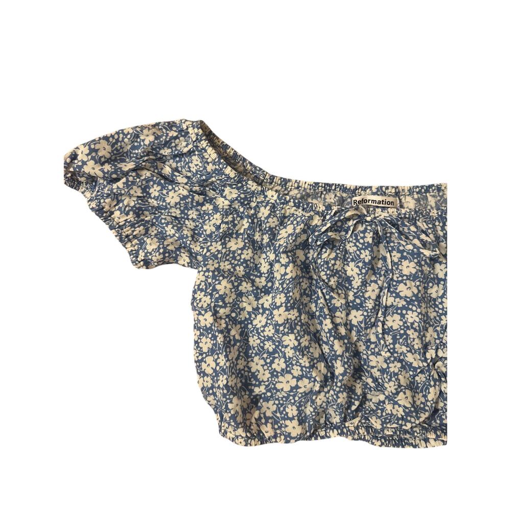 2 Reformation Azzuro Cropped Blue White Ditsy Floral Print Blouse Shirt Top - Picture 2 of 5